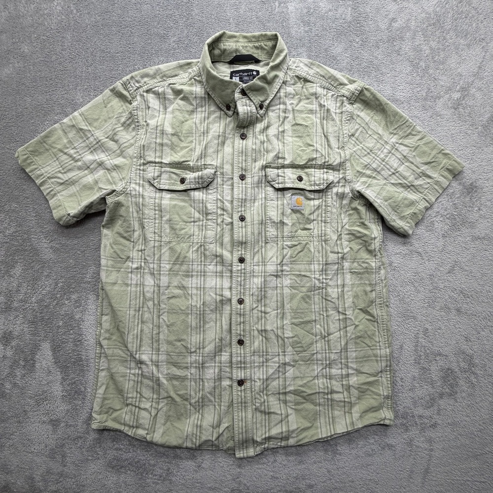 Carhartt Shirt Mens LT‎ Green Plaid Loose Fit Short Sleeve Button Front Workwear
